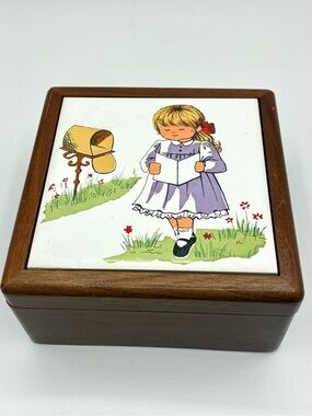 Vintage Mele Wood Jewelry Box Mirror Trinket Box Taiwan Girl Tile Lid